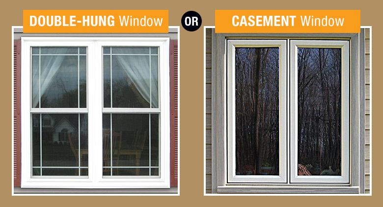 A close-up, side-by-side comparison of double-hung and casement windows from the outside.