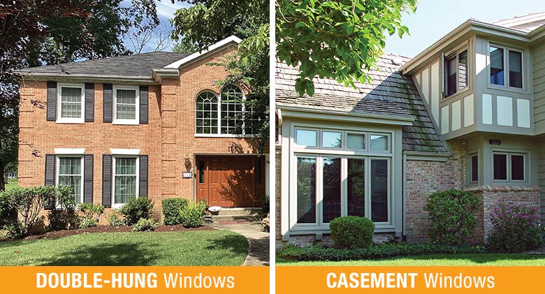 A side-by-side comparison of double-hung and casement windows on homes’ exteriors.