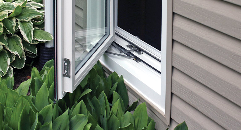 CA close-up of an open casement window showing how it opens.