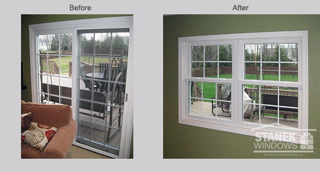 Before and after Stanek Windows replace sliding glass door from the inside